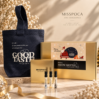 MISSPOCA 背出高氣場｜香氛貓語托特包組 聖誕禮盒・GOOD TASTE 牛仔托特包、金色聖誕禮盒與 2ml 香氛三瓶